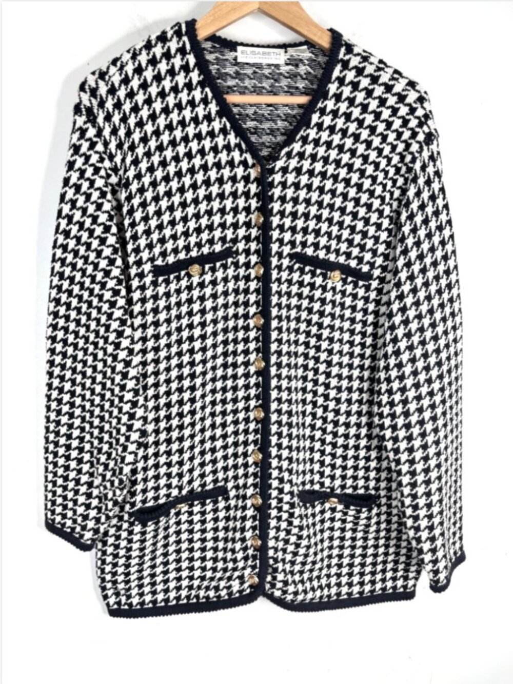 VTG 90s Elisabeth Liz Claiborne Houndstooth Cardigan 1X Black White Old Money